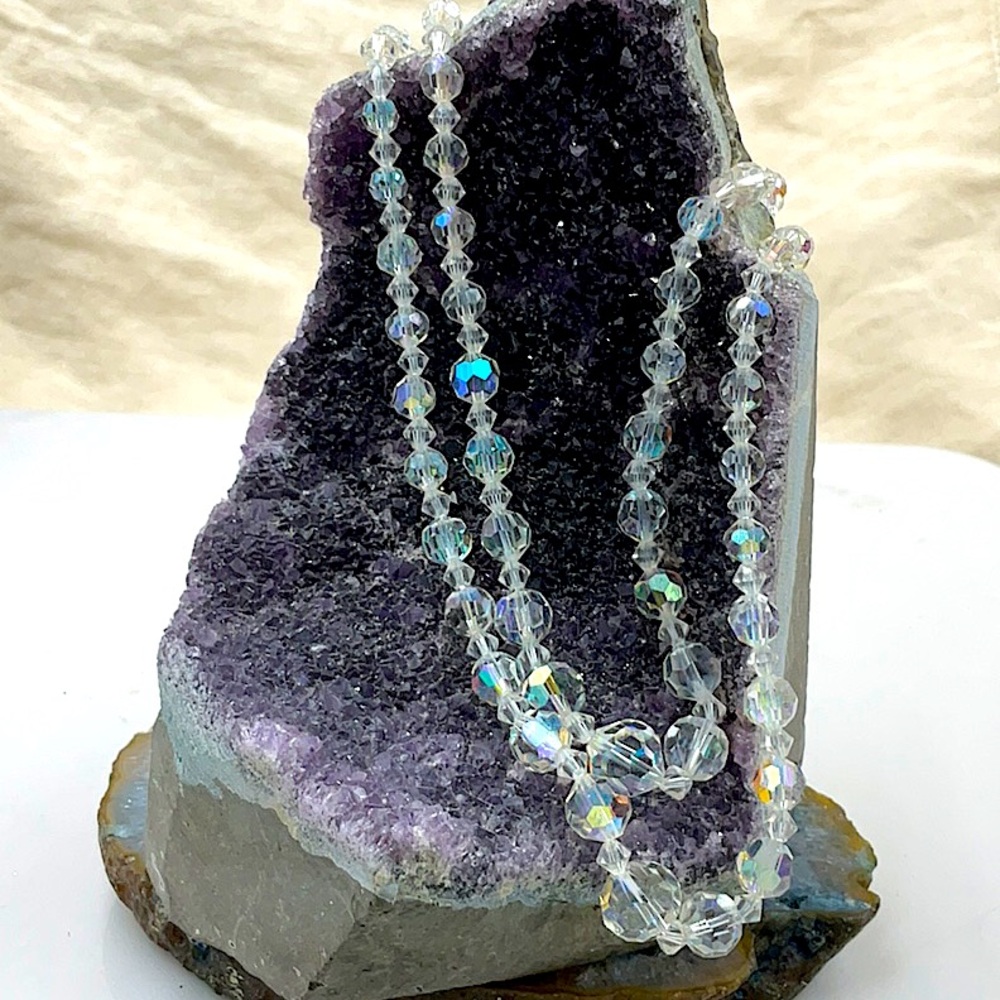 Vintage 14” 1930’s Double Strand Glass Aurora Borealis Crystal Beaded Necklace - Picture 3 of 5